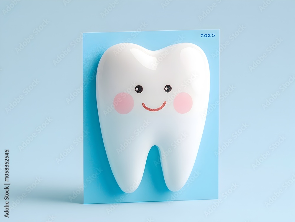 Cute tooth with smile on a postcard on a blue background. Concept for dental, medicine, health design. Cute tooth with smile on a postcard on a blue background. Concept for dental, medicine, health design.