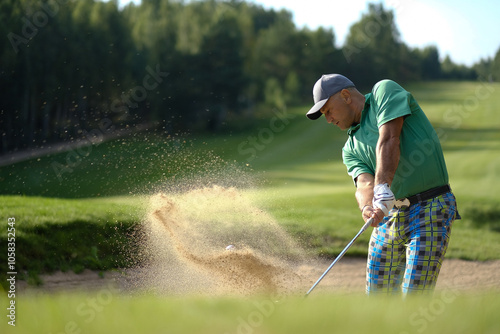 Obraz na płótnie Golfer hits ball from a bunker with golf club concept