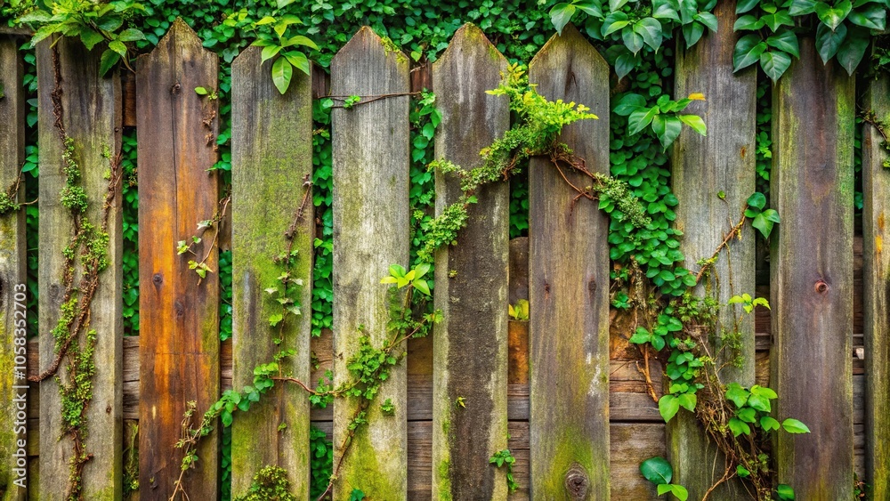Overgrown wooden fence with vines and moss, wooden post, fence, moss, weathered Overgrown wooden fence with vines and moss, wooden post, fence, moss, weathered