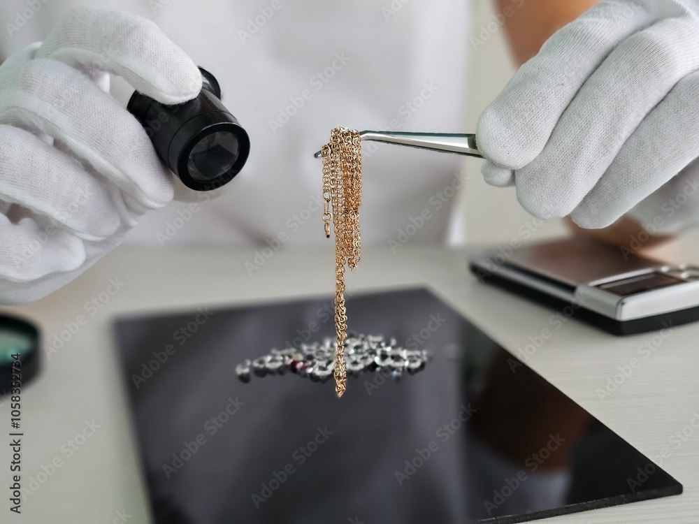 Obraz premium Jewelry appraiser examining a delicate gold chain with precision tools in a well-lit office