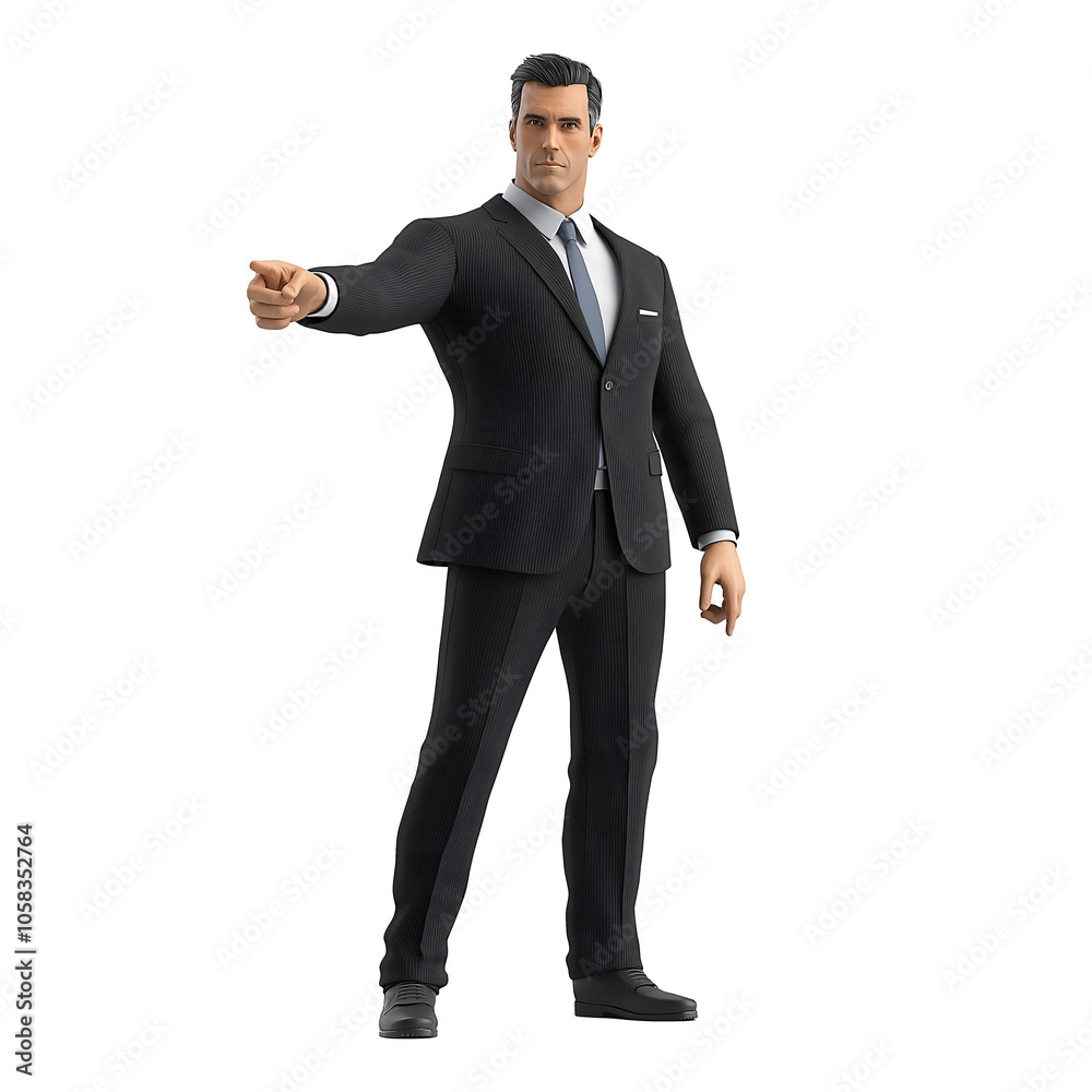 A well-dressed human character stands tall in a tailored suit, confidently pointing forward. The character is rendered in a smooth Blender style with sharp details A well-dressed human character stands tall in a tailored suit, confidently pointing forward. The character is rendered in a smooth Blender style with sharp details