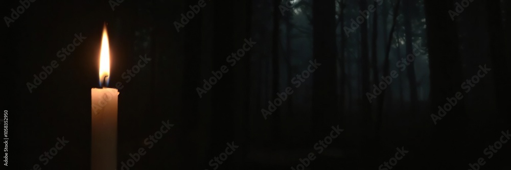 Mysterious atmosphere of a burning candle flickering in the dark forest surrounded by trees and shadows, candle, spooky, glowing Mysterious atmosphere of a burning candle flickering in the dark forest surrounded by trees and shadows, candle, spooky, glowing