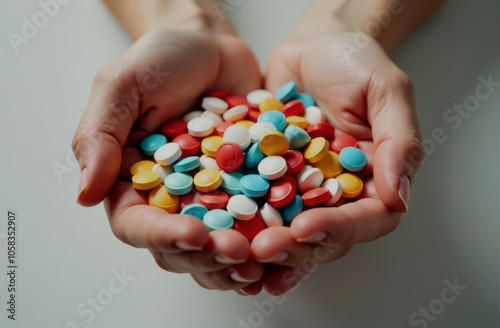 girl's hands holding multi-colored pills close-up