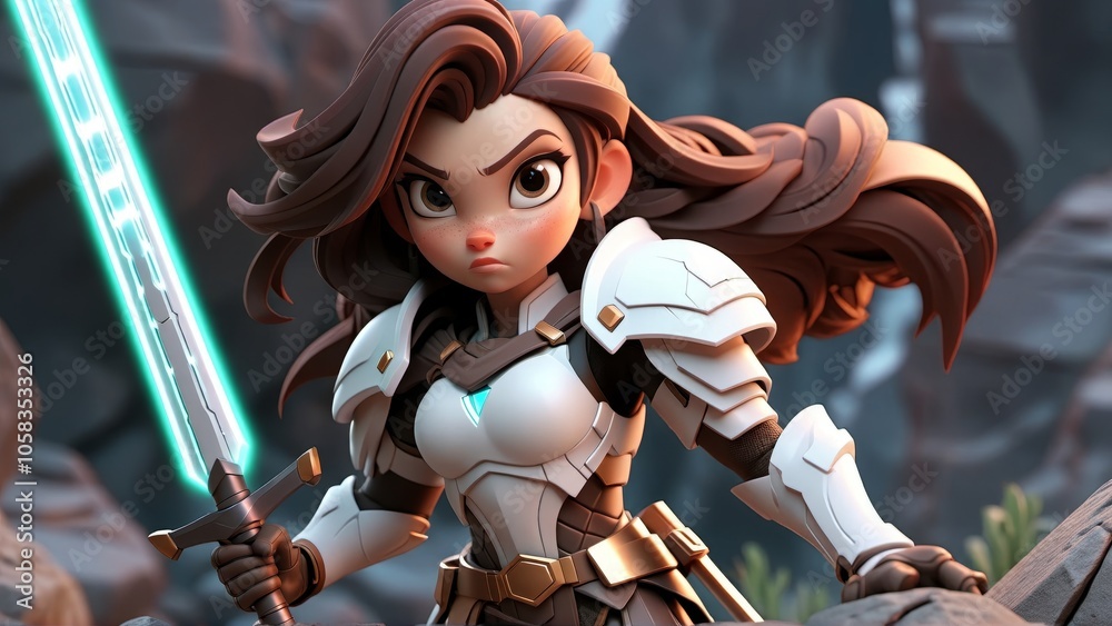 Determined warrior princess wielding a glowing sword in a fantasy landscape Determined warrior princess wielding a glowing sword in a fantasy landscape