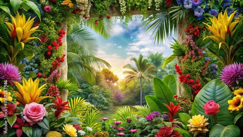 Exotic floral frame in a tropical garden setting, with bright colors and exotic plants surrounding the flowers, forest, jungle, floral, horticultural photo