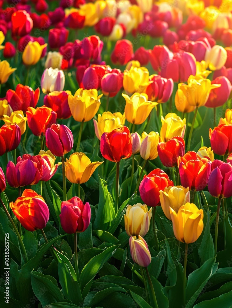 A vibrant field of colorful tulips in bloom, showcasing nature's beauty and diversity. A vibrant field of colorful tulips in bloom, showcasing nature's beauty and diversity.