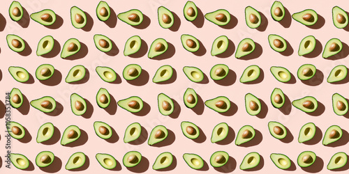 A seamless pattern of avocados, each with its shadow, scattered across the canvas in an elegant display, with soft shadows on a soft pale pink color background