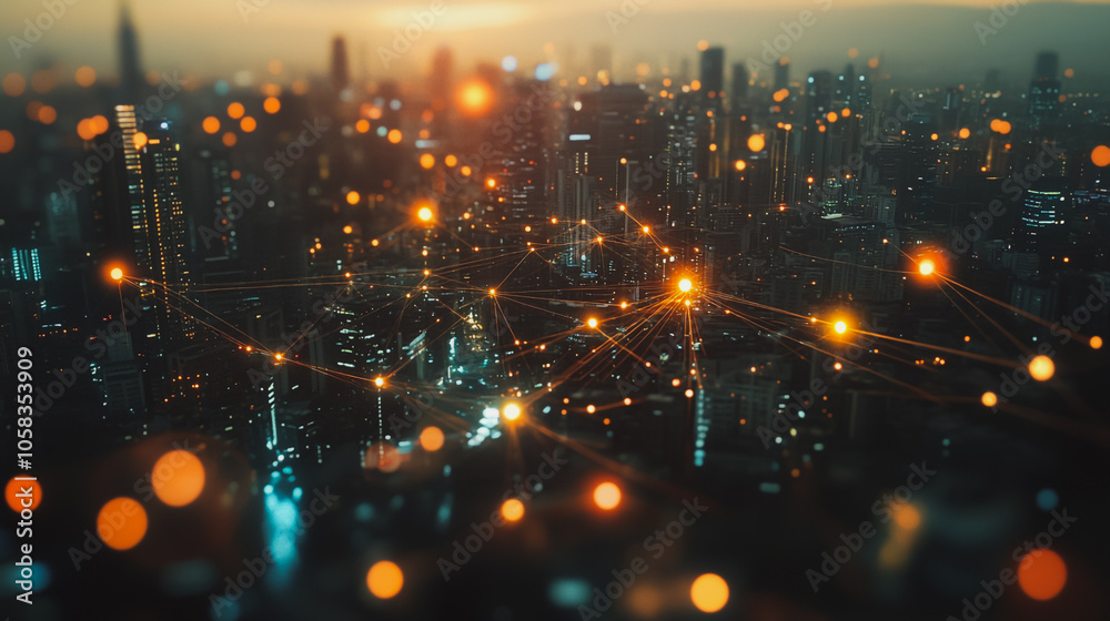 Obraz premium Smart digital Innovation city with connection network reciprocity over the cityscape. of future smart wireless digital city and social media networking systems that connects people with in city