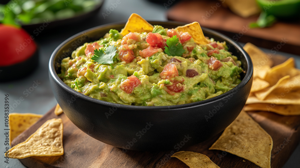 Bowl of Guacamole With Tortilla Chips, Captured From a Side Angle, Emphasizing the Creamy Texture of the Dip and the Crisp Chips Bowl of Guacamole With Tortilla Chips, Captured From a Side Angle, Emphasizing the Creamy Texture of the Dip and the Crisp Chips