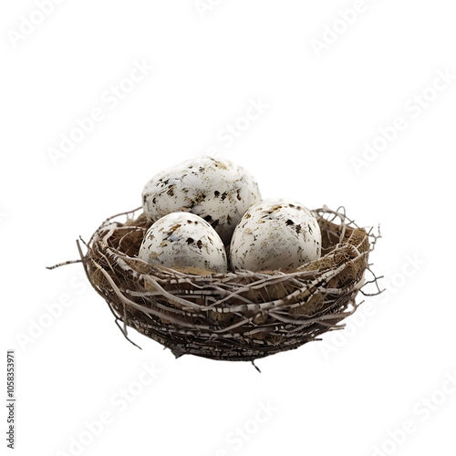 Three speckled eggs in a woven bird nest.