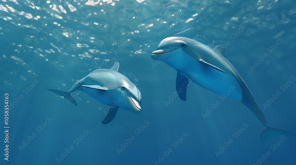 Fototapeta premium Two dolphins swimming gracefully together, engaging in playful courtship behavior.