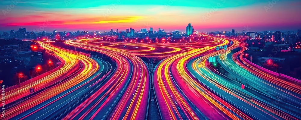 Colorful twilight cityscape with vibrant light trails on a busy highway. Colorful twilight cityscape with vibrant light trails on a busy highway.