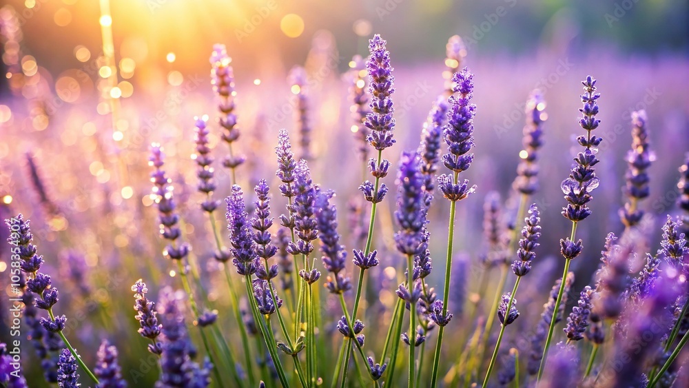 Lavender fields in the morning mist with dew drops glistening on the flowers, natural light, lavender fields at dawn
