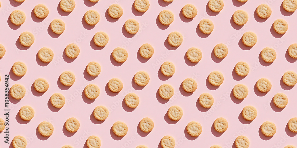 A seamless pattern of cookies, each with its shadow, scattered across the canvas in an elegant display, with soft shadows on a soft pale pink color background A seamless pattern of cookies, each with its shadow, scattered across the canvas in an elegant display, with soft shadows on a soft pale pink color background