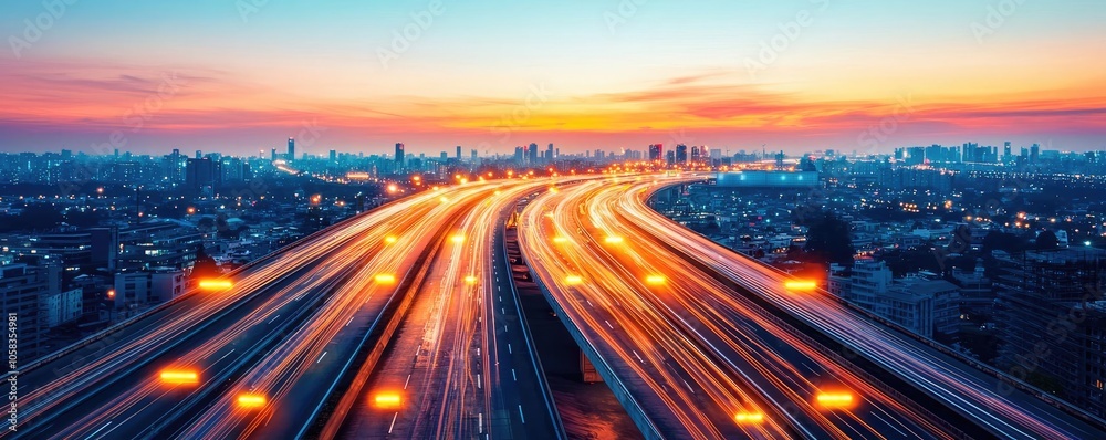 Fototapeta premium Cityscape with illuminated highways at sunset, vibrant sky in the background.