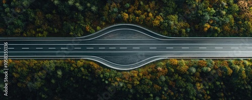 Aerial view of a winding road through vibrant autumn foliage.