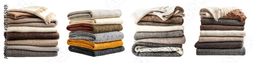 A neatly arranged and stacked collection of cozy textured blankets throws and towels in a variety of warm natural tones and materials creating a harmonious and inviting display