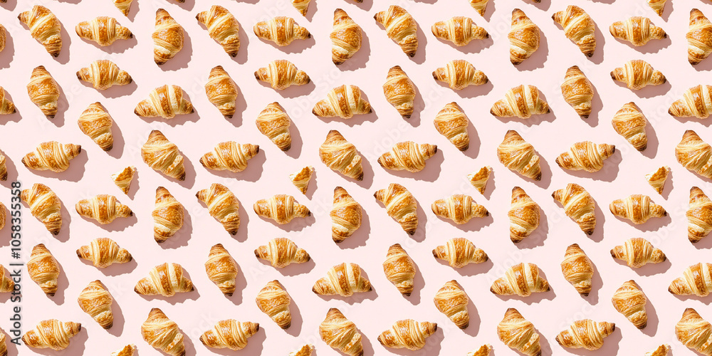 A seamless pattern of croissants, each with its shadow, scattered across the canvas in an elegant display, with soft shadows on a soft pale pink color background