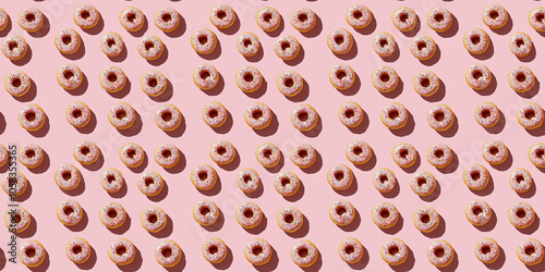 A seamless pattern of donuts, each with its shadow, scattered across the canvas in an elegant display, with soft shadows on a soft pale pink color background