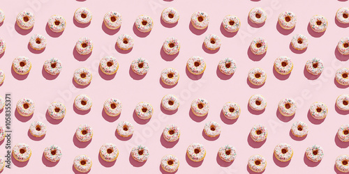 A seamless pattern of donuts, each with its shadow, scattered across the canvas in an elegant display, with soft shadows on a soft pale pink color background