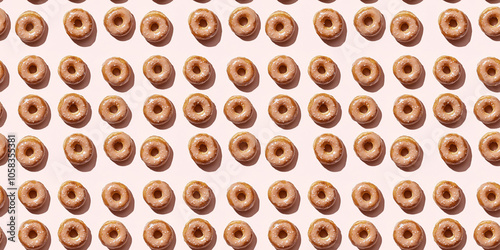 A seamless pattern of donuts, each with its shadow, scattered across the canvas in an elegant display, with soft shadows on a soft pale pink color background