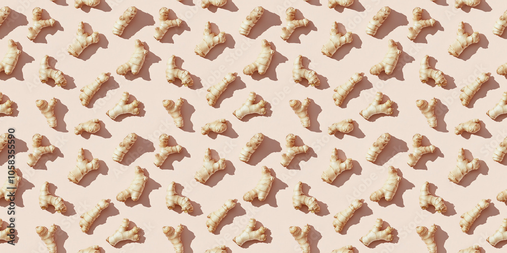A seamless pattern of ginger roots, each with its shadow, scattered across the canvas in an elegant display, with soft shadows on a soft pale pink color background A seamless pattern of ginger roots, each with its shadow, scattered across the canvas in an elegant display, with soft shadows on a soft pale pink color background