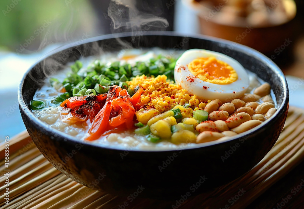 Congee, rice porridge with vegetables, peanuts and boiled egg. Congee, rice porridge with vegetables, peanuts and boiled egg.