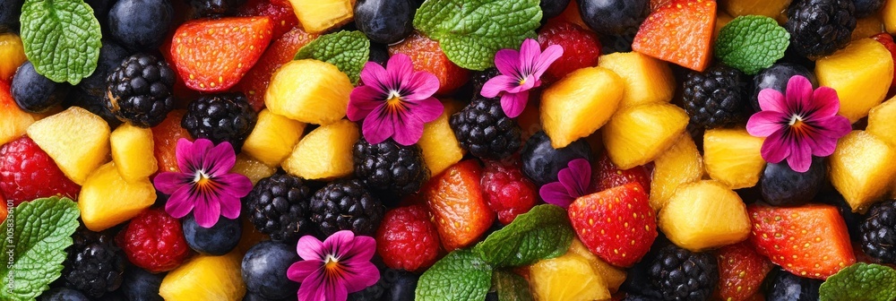 A vibrant arrangement of fresh fruits and flowers, perfect for a healthy dessert or snack. A vibrant arrangement of fresh fruits and flowers, perfect for a healthy dessert or snack.