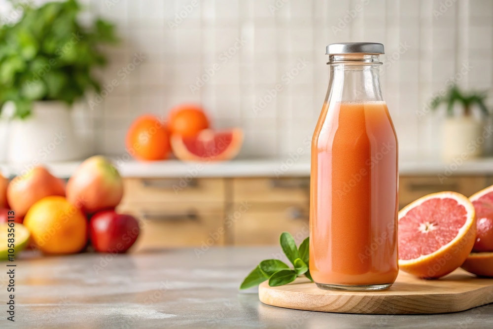 Glass bottle of freshly squeezed grapefruit juice on a kitchen counter, juice box, beverage, citrus, clear liquid, morning drink Glass bottle of freshly squeezed grapefruit juice on a kitchen counter, juice box, beverage, citrus, clear liquid, morning drink