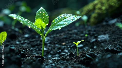 Two small plants sprout from dark, moist soil after a rain