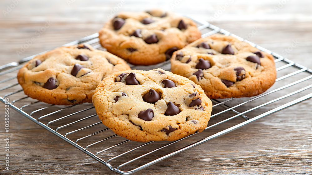 Freshly baked chocolate chip cookies cooling on a rustic wire rack a tempting treat for cookie lovers Freshly baked chocolate chip cookies cooling on a rustic wire rack a tempting treat for cookie lovers