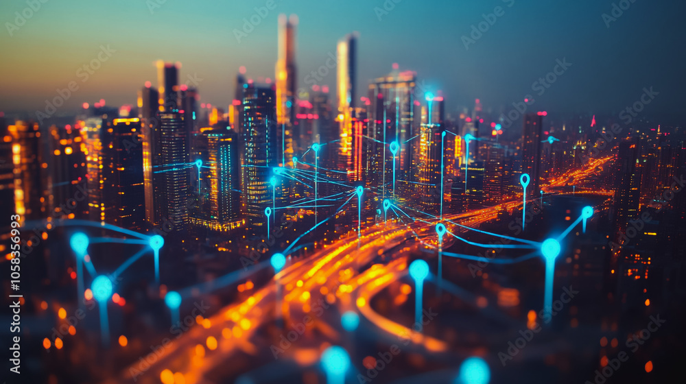 Fototapeta premium Smart digital Innovation city with connection network reciprocity over the cityscape. of future smart wireless digital city and social media networking systems that connects people with in city