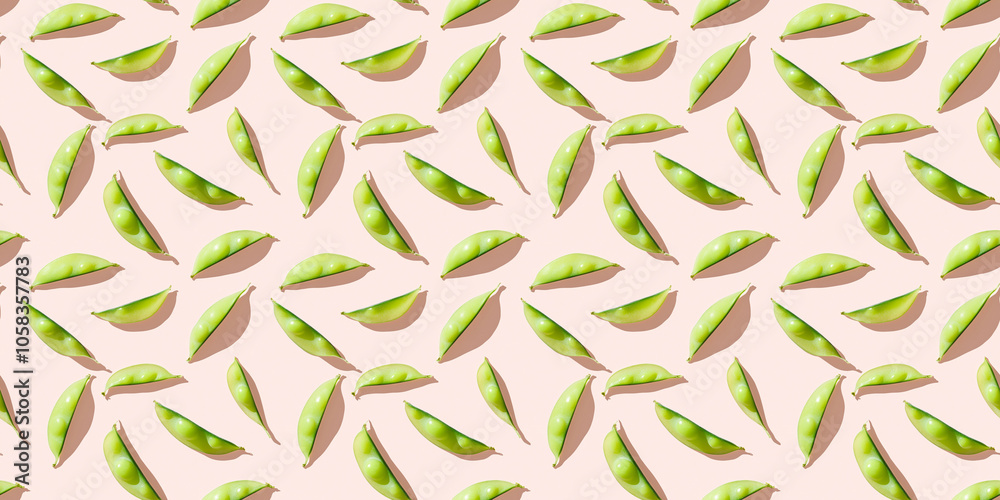 A seamless pattern of snap peas, each with its shadow, scattered across the canvas in an elegant display, with soft shadows on a soft pale pink color background A seamless pattern of snap peas, each with its shadow, scattered across the canvas in an elegant display, with soft shadows on a soft pale pink color background