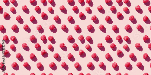 A seamless pattern of raspberries, each with its shadow, scattered across the canvas in an elegant display, with soft shadows on a soft pale pink color background