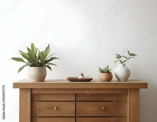 A wooden dresser with drawers, a potted plant, and various decorative items on top in a minimalist, natural-toned room.