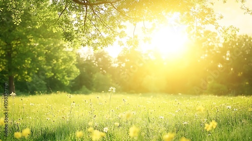 Sunny Meadow with Green Grass and Flowers Smooth Blue Background with Copy Space for Advertisements