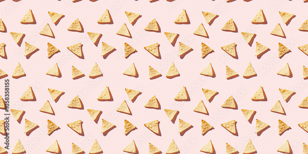 A seamless pattern of tortilla chips, each with its shadow, scattered across the canvas in an elegant display, with soft shadows on a soft pale pink color background A seamless pattern of tortilla chips, each with its shadow, scattered across the canvas in an elegant display, with soft shadows on a soft pale pink color background
