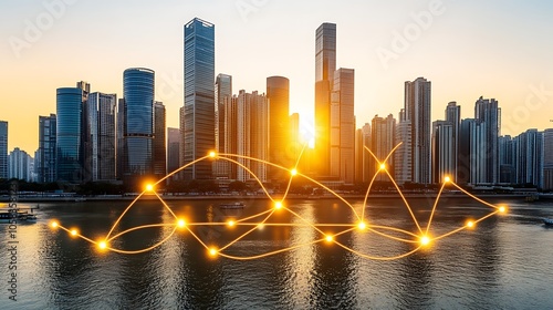 Cityscape at Sunset with Connecting Lines Representing Network and Technology Minimalist White Background with Space for Text