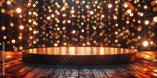 Golden Podium with Bokeh Lights for Product Display Blank Background with Copy Space for Design Projects