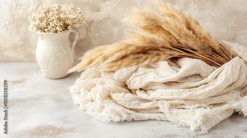 Rustic White Fabric with Dried Pampas Grass for Minimalist Design Abstract Gradient Background with Copy Space
