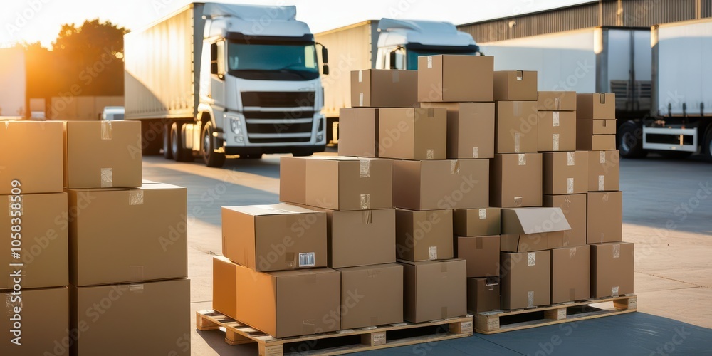 A stack of cardboard boxes on a pallet in a logistics yard, with trucks parked in the background, illuminated by warm sunlight. A stack of cardboard boxes on a pallet in a logistics yard, with trucks parked in the background, illuminated by warm sunlight.