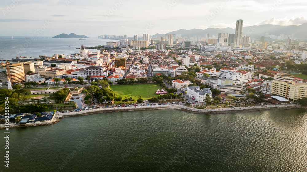 Fototapeta premium aerial of George Town skyline cityscape in Penang Island Malaysia with Jetties neighbourhood unesco heritage