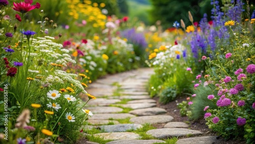Fototapeta Naklejka Na Ścianę i Meble -  Delicate wildflowers form a whimsical border along a winding stone path, garden decor, gardening, garden path, botanicals, flowers
