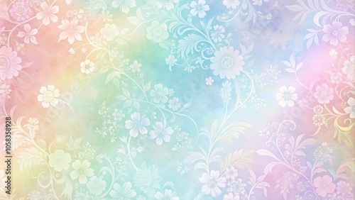 Delicate pastel-colored rainbow wallpaper with intricate floral motifs and subtle texture, lavender, peach, feminine touch