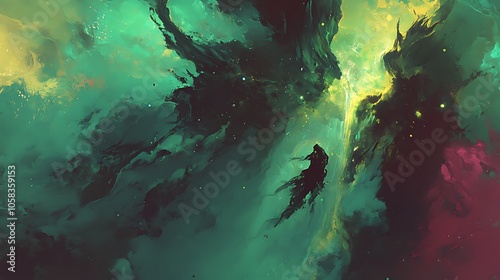 A solitary figure floats in a swirling nebula of green and gold, with a splash of red at the bottom
