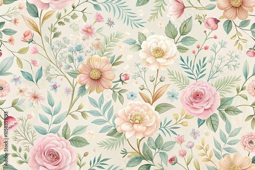 Delicate floral wallpaper featuring pastel-colored blooms in a whimsical, organic design, botanical prints, floral arrangements