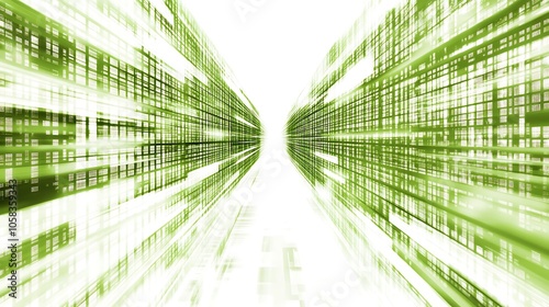 Abstract Green and White Digital Data Stream Tunnel Smooth Blue Background with Copy Space for Advertisements
