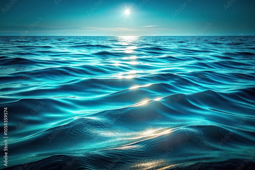Obraz premium Deep blue hues with wavy patterns of turquoise and silver create a soothing oceanic atmosphere, reminiscent of a serene coastal evening, wavy, water, sea, oceanic, hazy