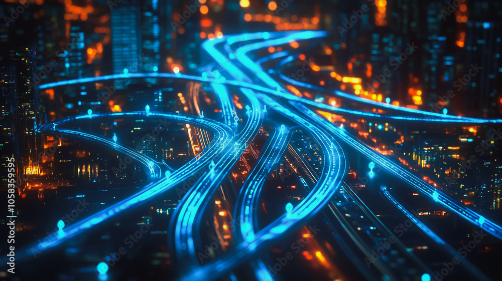 Fototapeta premium Smart digital Innovation city with connection network reciprocity over the cityscape. of future smart wireless digital city and social media networking systems that connects people with in city