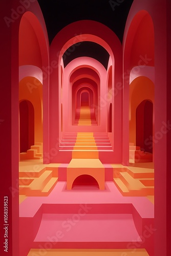 Abstract architecture with an endless series of arches and steps, showcasing a modern and minimalist design for a backdrop or futuristic setting